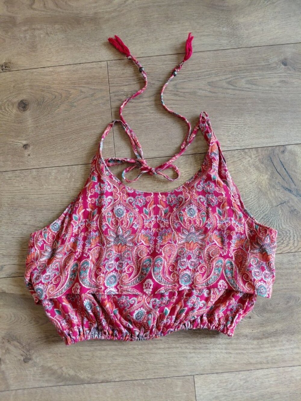 Angie Boho Paisley Floral Crop Top Red Small Festival Hippie